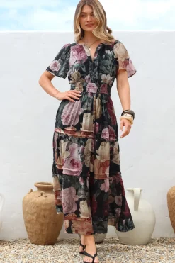 Payton Maxi Dress - Pleat Detailed A-Line Dress with Cap Flutter Sleeves in Annalisa Print>Salty Crush Sale