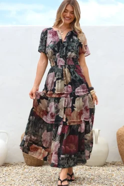 Payton Maxi Dress - Pleat Detailed A-Line Dress with Cap Flutter Sleeves in Annalisa Print><noscript><img width=