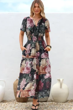 Payton Maxi Dress - Pleat Detailed A-Line Dress with Cap Flutter Sleeves in Annalisa Print><noscript><img width=