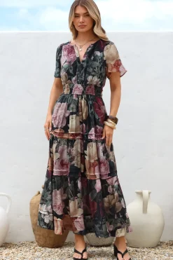 Payton Maxi Dress - Pleat Detailed A-Line Dress with Cap Flutter Sleeves in Annalisa Print><noscript><img width=
