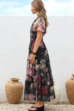 Payton Maxi Dress - Pleat Detailed A-Line Dress with Cap Flutter Sleeves in Annalisa Print><noscript><img width=