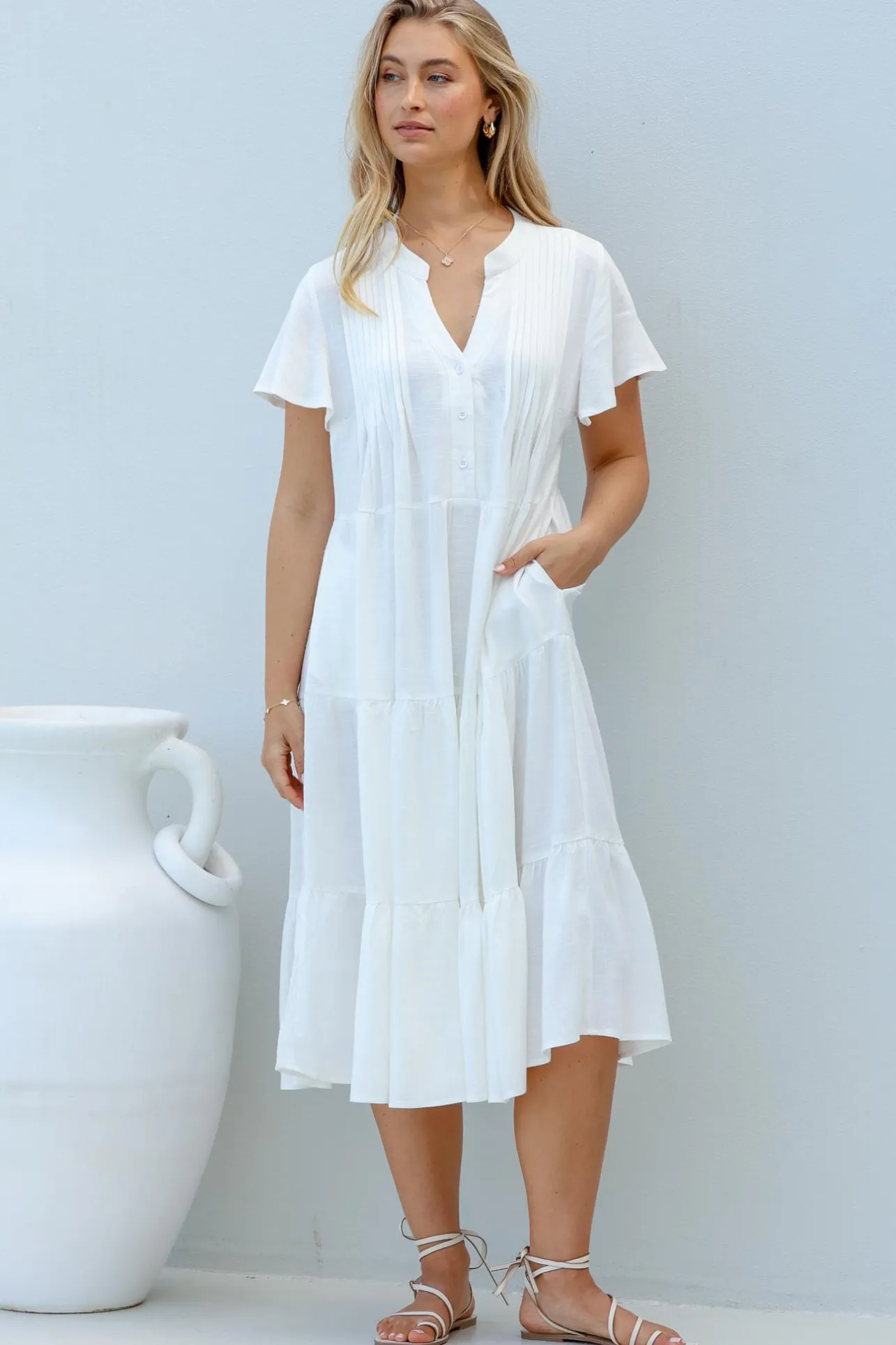 Peggy Midi Dress - Relaxed Mandarin Collar Pleated Bust Tiered Linen Dress in White>Salty Crush Outlet