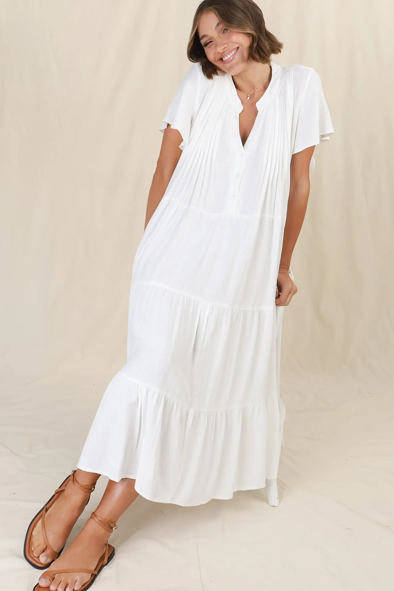 Peggy Midi Dress - Relaxed Mandarin Collar Pleated Bust Tiered Linen Dress in White>Salty Crush Outlet
