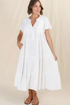 Peggy Midi Dress - Relaxed Mandarin Collar Pleated Bust Tiered Linen Dress in White><noscript><img width=