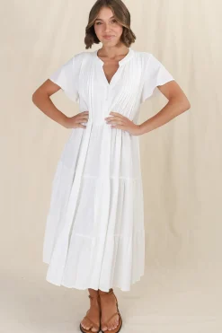 Peggy Midi Dress - Relaxed Mandarin Collar Pleated Bust Tiered Linen Dress in White><noscript><img width=