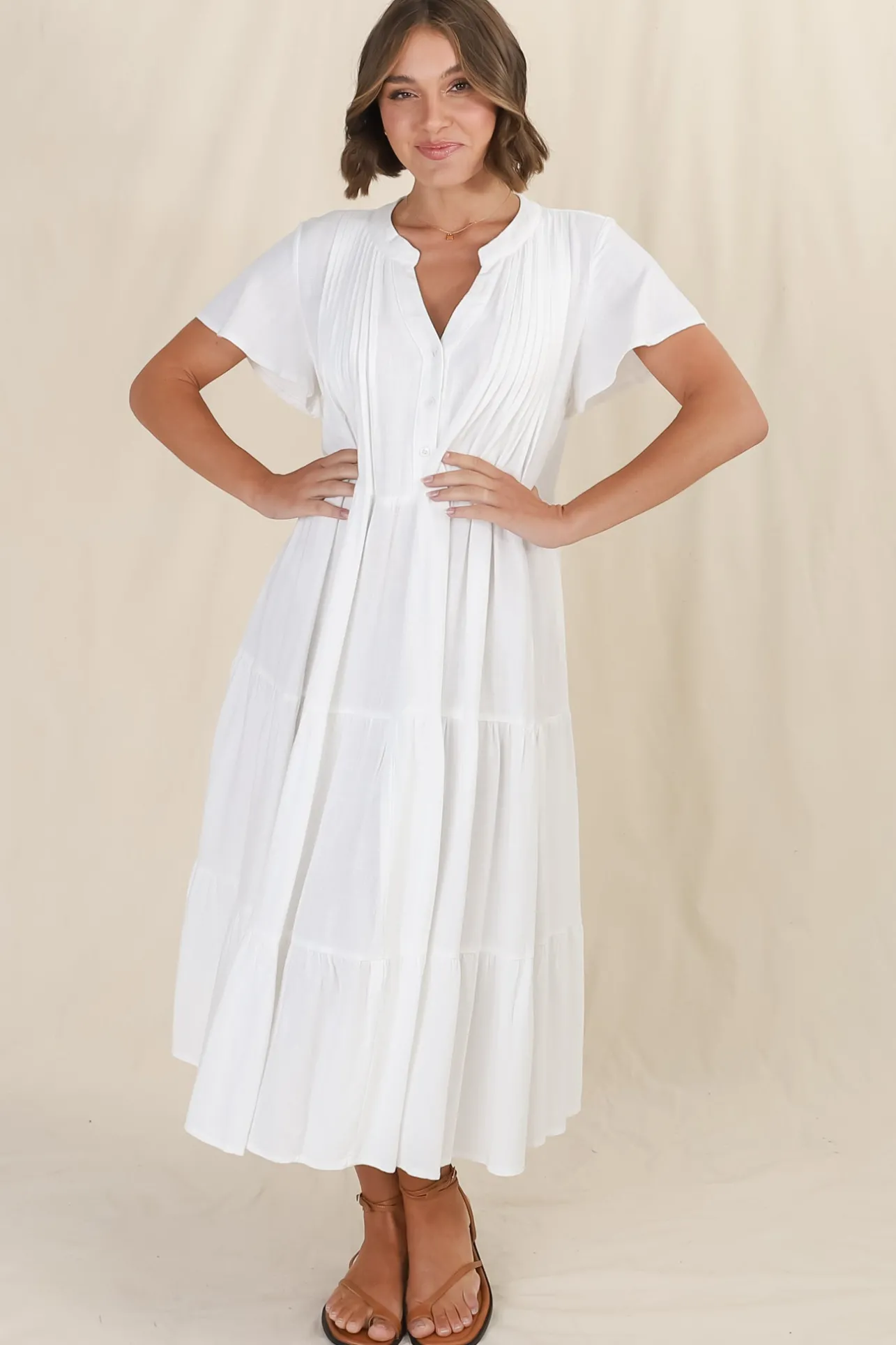 Peggy Midi Dress - Relaxed Mandarin Collar Pleated Bust Tiered Linen Dress in White>Salty Crush Outlet