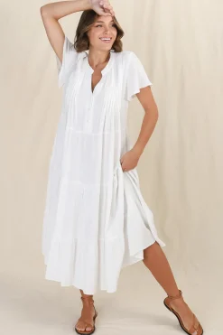 Peggy Midi Dress - Relaxed Mandarin Collar Pleated Bust Tiered Linen Dress in White><noscript><img width=