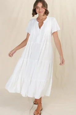Peggy Midi Dress - Relaxed Mandarin Collar Pleated Bust Tiered Linen Dress in White><noscript><img width=