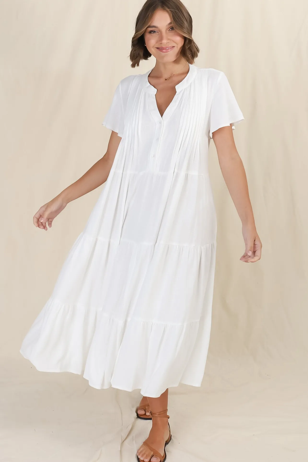 Peggy Midi Dress - Relaxed Mandarin Collar Pleated Bust Tiered Linen Dress in White>Salty Crush Outlet