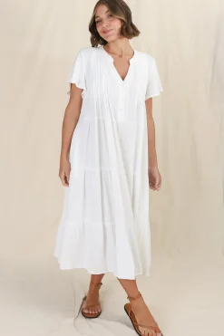 Peggy Midi Dress - Relaxed Mandarin Collar Pleated Bust Tiered Linen Dress in White><noscript><img width=