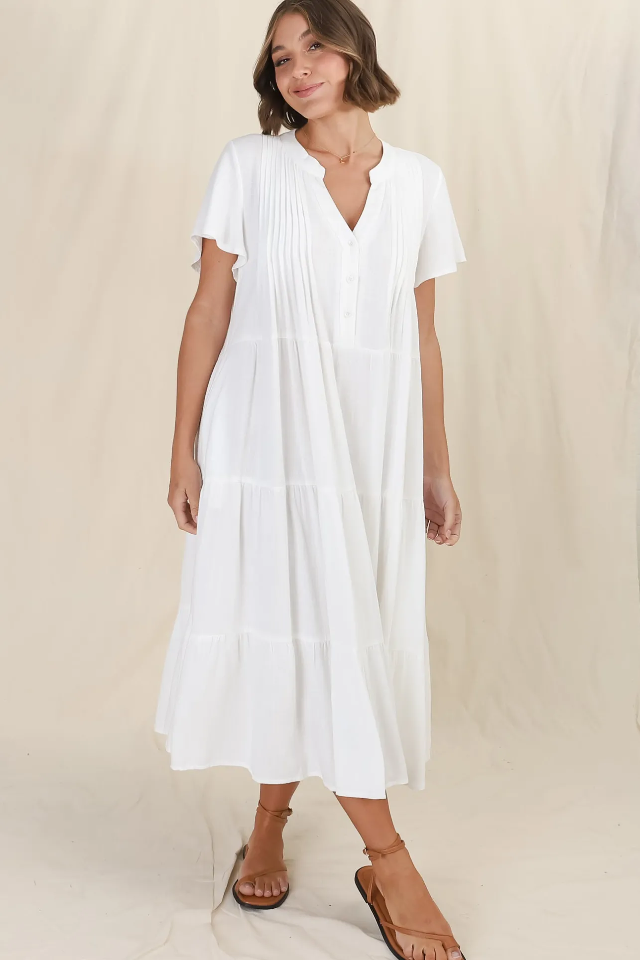 Peggy Midi Dress - Relaxed Mandarin Collar Pleated Bust Tiered Linen Dress in White>Salty Crush Outlet