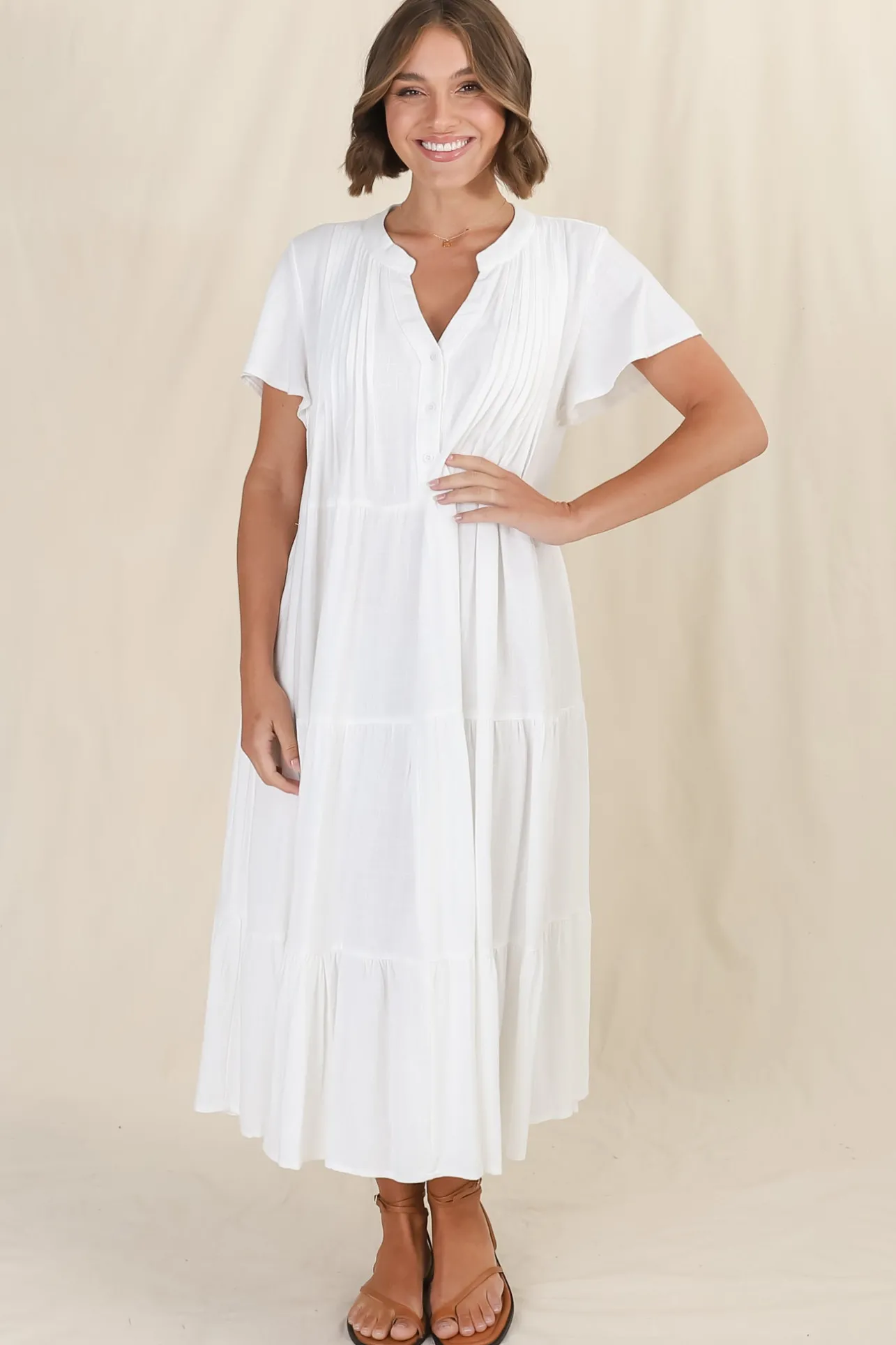Peggy Midi Dress - Relaxed Mandarin Collar Pleated Bust Tiered Linen Dress in White>Salty Crush Outlet