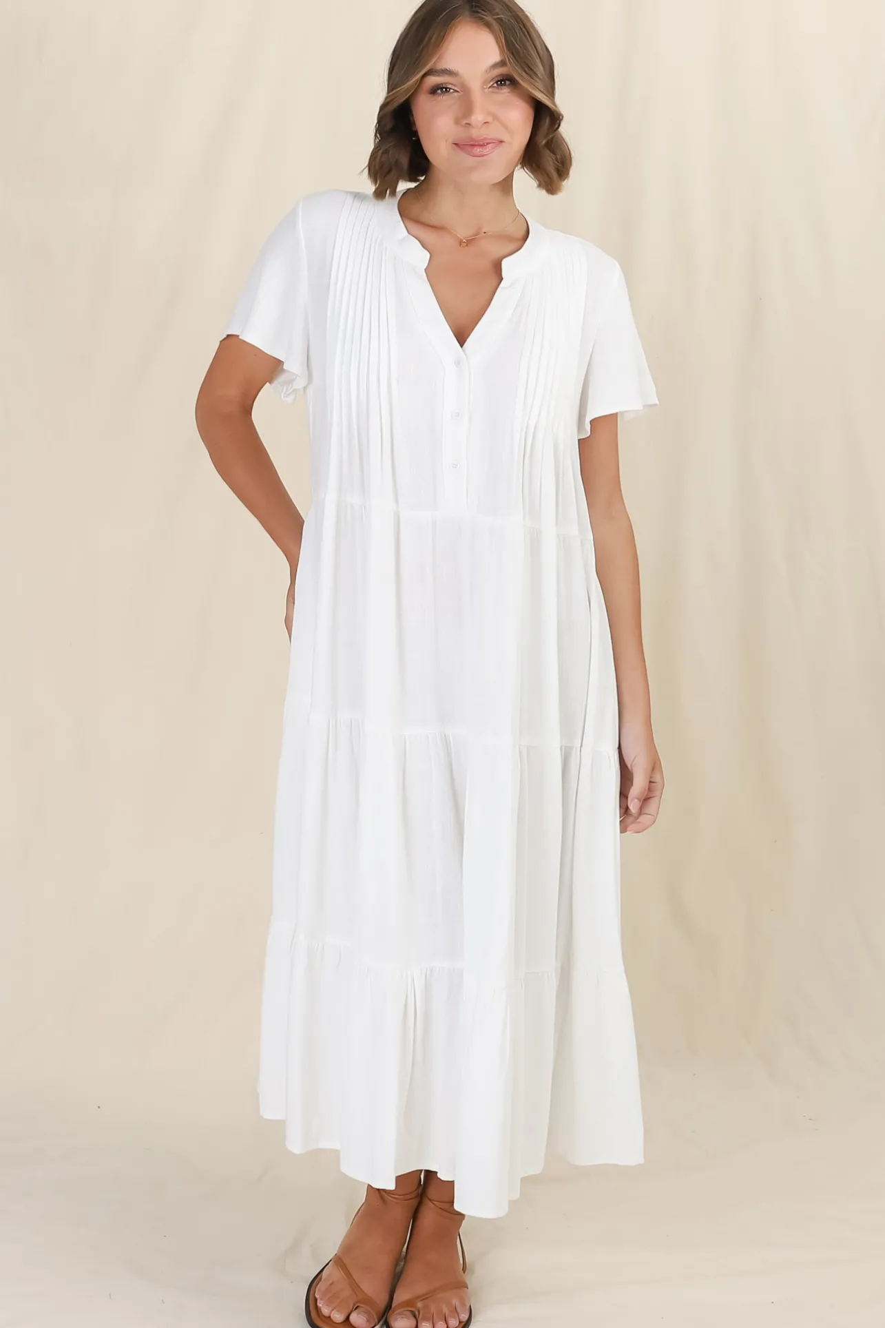 Peggy Midi Dress - Relaxed Mandarin Collar Pleated Bust Tiered Linen Dress in White>Salty Crush Outlet