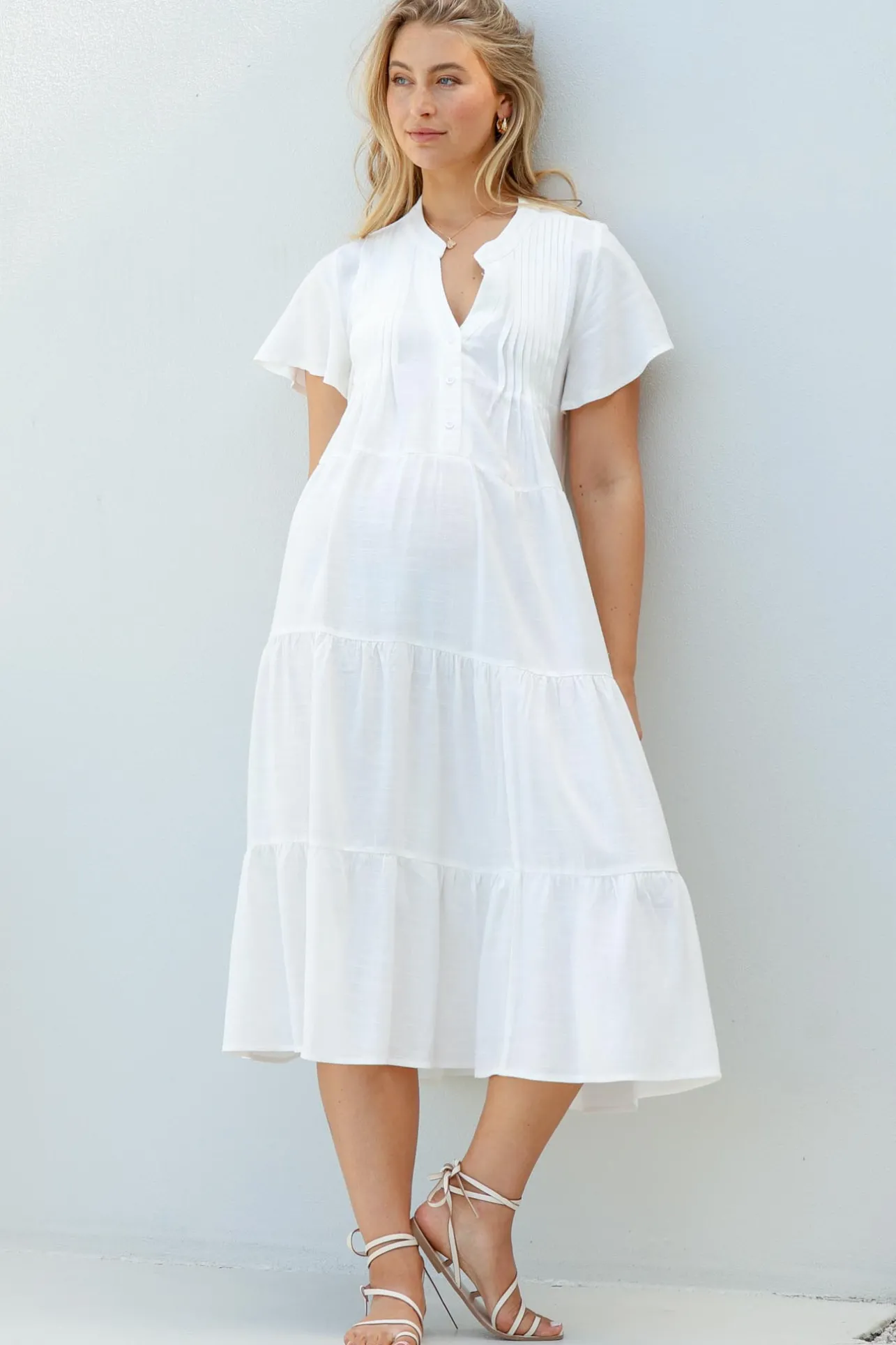 Peggy Midi Dress - Relaxed Mandarin Collar Pleated Bust Tiered Linen Dress in White>Salty Crush Outlet