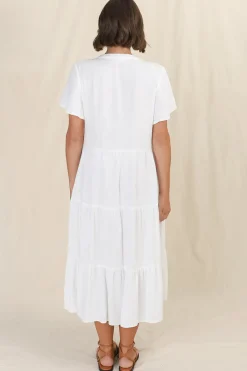 Peggy Midi Dress - Relaxed Mandarin Collar Pleated Bust Tiered Linen Dress in White><noscript><img width=