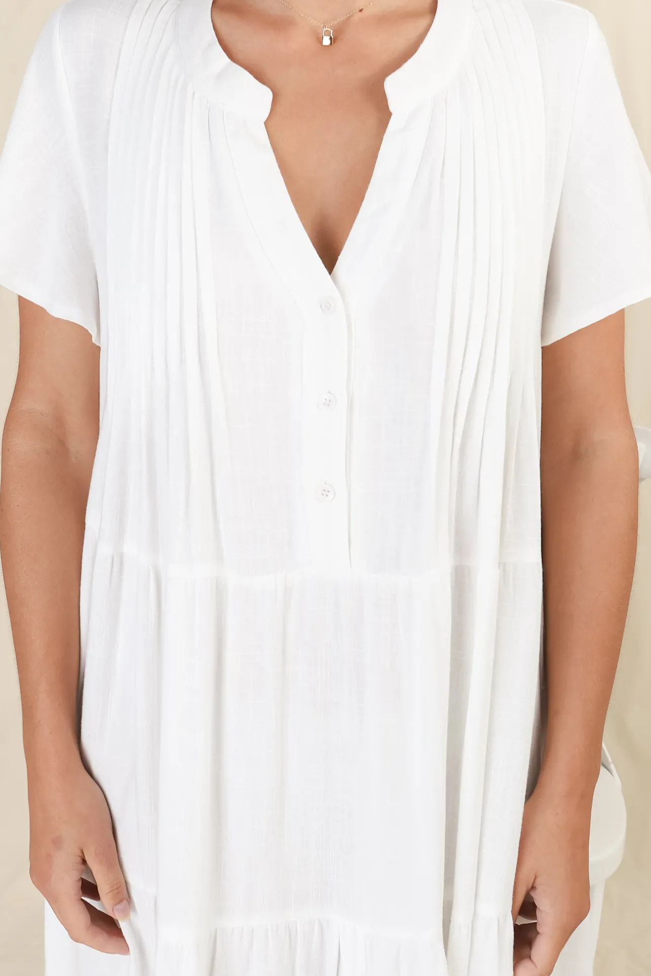Peggy Midi Dress - Relaxed Mandarin Collar Pleated Bust Tiered Linen Dress in White>Salty Crush Outlet