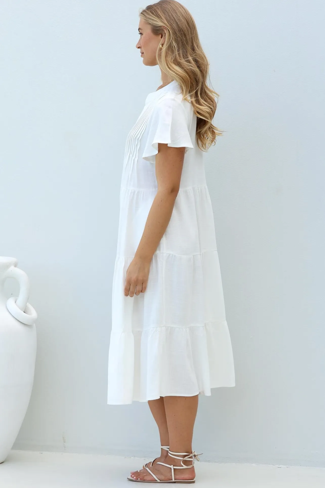 Peggy Midi Dress - Relaxed Mandarin Collar Pleated Bust Tiered Linen Dress in White>Salty Crush Outlet