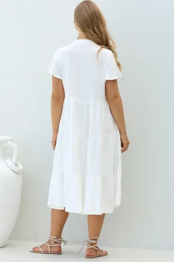Peggy Midi Dress - Relaxed Mandarin Collar Pleated Bust Tiered Linen Dress in White><noscript><img width=
