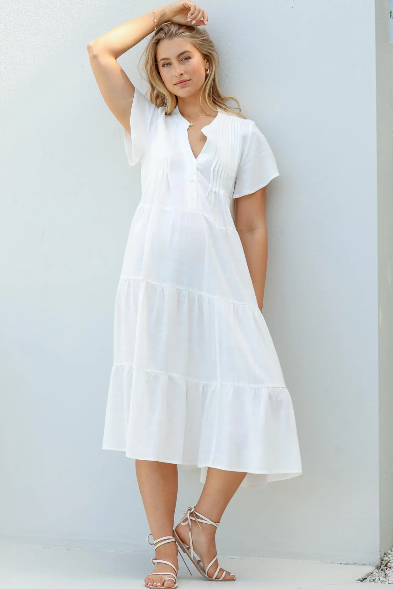 Peggy Midi Dress - Relaxed Mandarin Collar Pleated Bust Tiered Linen Dress in White>Salty Crush Outlet