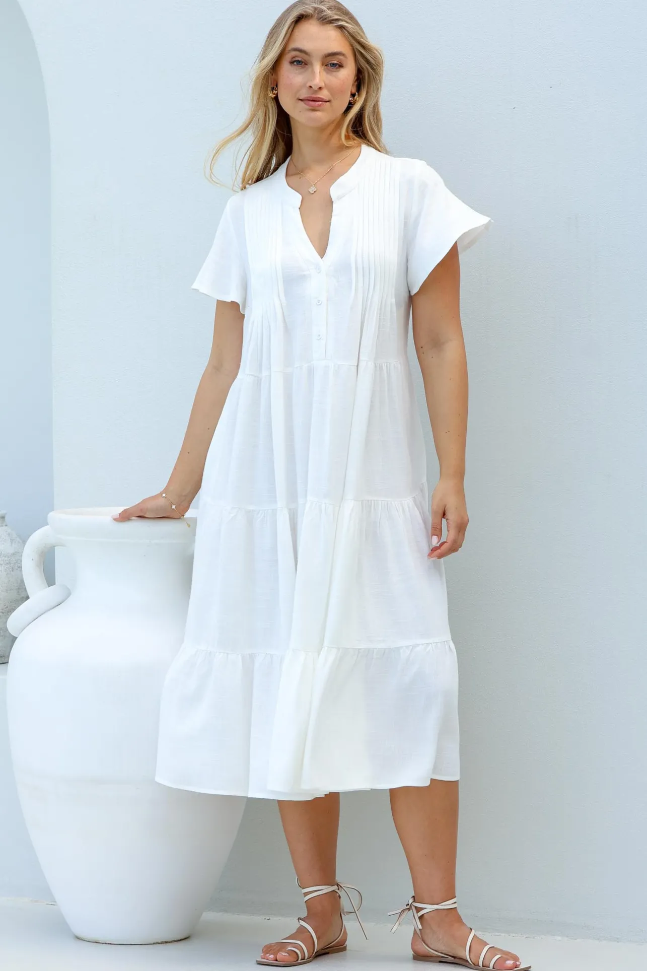Peggy Midi Dress - Relaxed Mandarin Collar Pleated Bust Tiered Linen Dress in White>Salty Crush Outlet