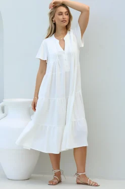 Peggy Midi Dress - Relaxed Mandarin Collar Pleated Bust Tiered Linen Dress in White><noscript><img width=
