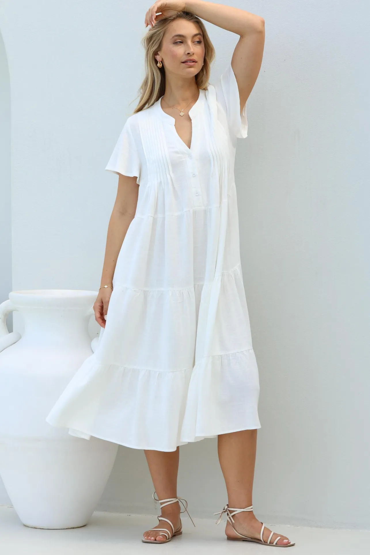 Peggy Midi Dress - Relaxed Mandarin Collar Pleated Bust Tiered Linen Dress in White>Salty Crush Outlet