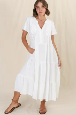 Peggy Midi Dress - Relaxed Mandarin Collar Pleated Bust Tiered Linen Dress in White><noscript><img width=