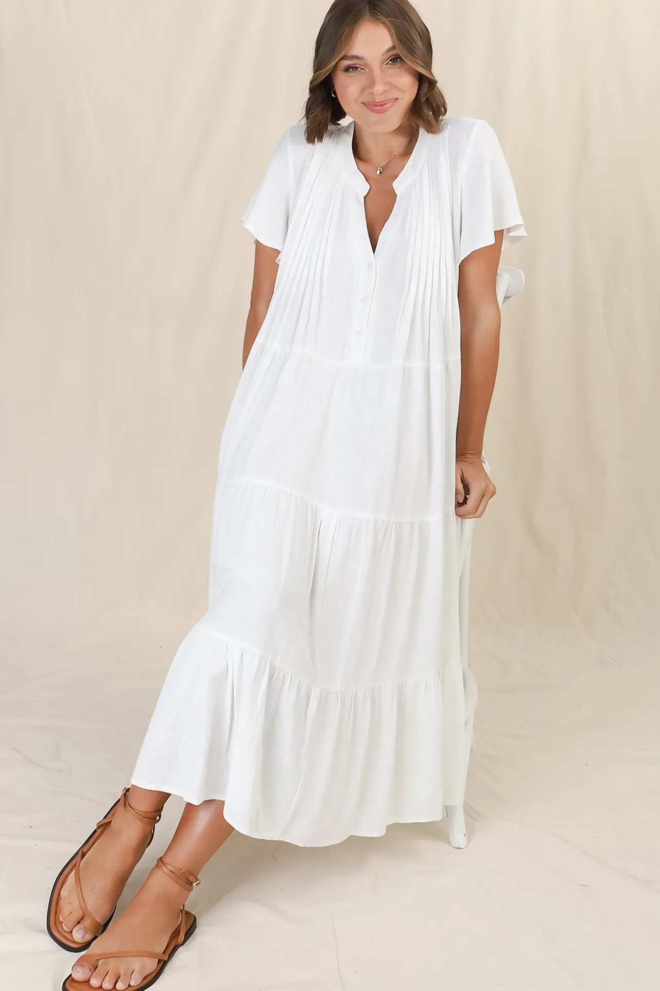 Peggy Midi Dress - Relaxed Mandarin Collar Pleated Bust Tiered Linen Dress in White>Salty Crush Outlet