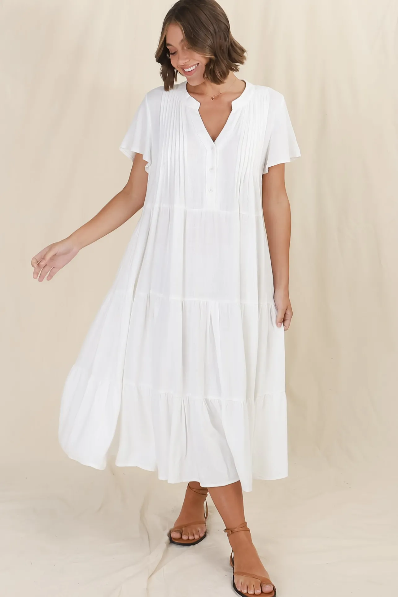 Peggy Midi Dress - Relaxed Mandarin Collar Pleated Bust Tiered Linen Dress in White>Salty Crush Outlet