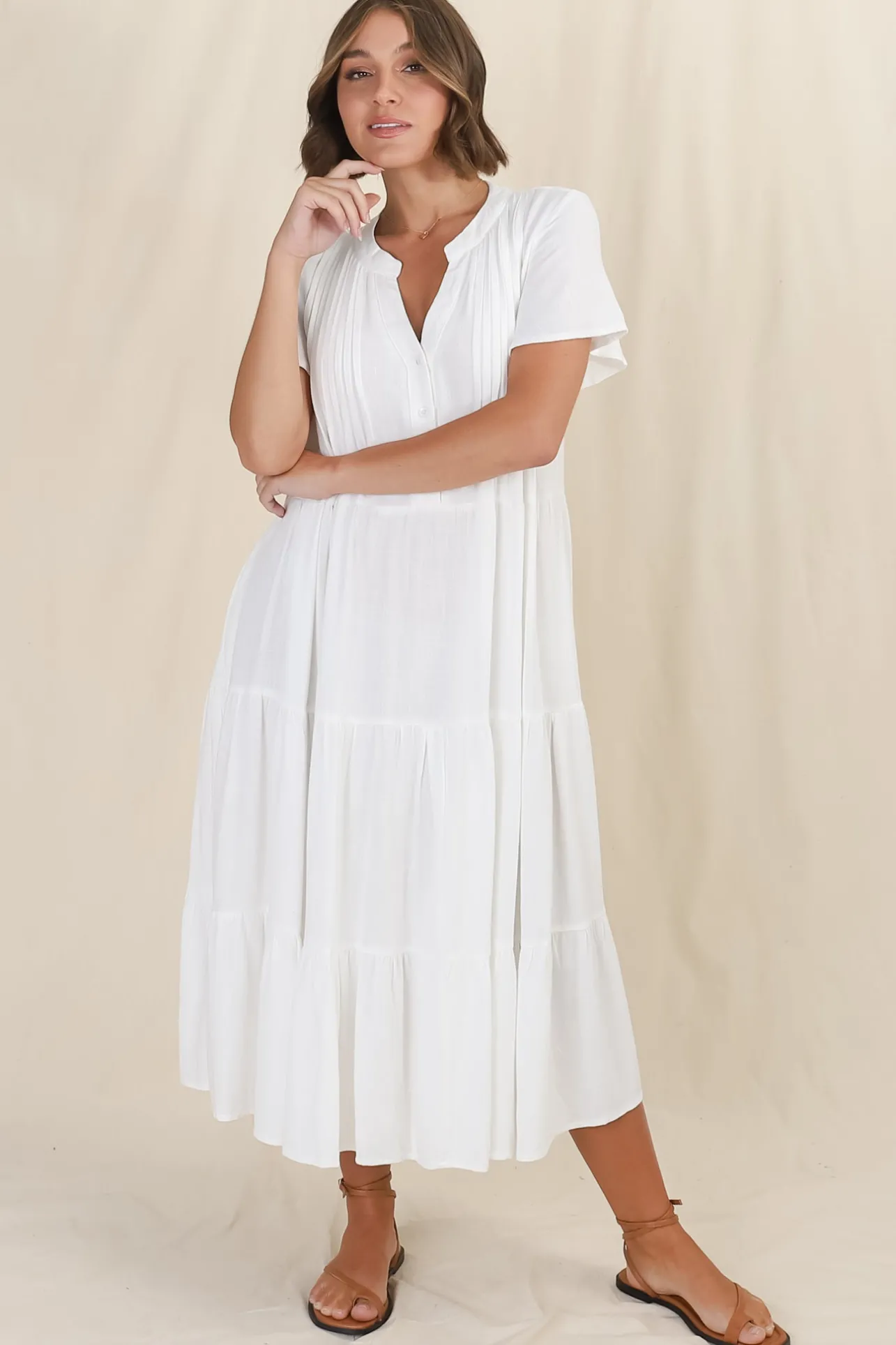 Peggy Midi Dress - Relaxed Mandarin Collar Pleated Bust Tiered Linen Dress in White>Salty Crush Outlet