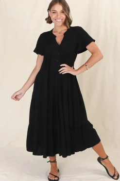 Peggy Midi Dress - Relaxed Mandarin Collar Pleated Bust Tiered Linen Dress in Black>Salty Crush Hot