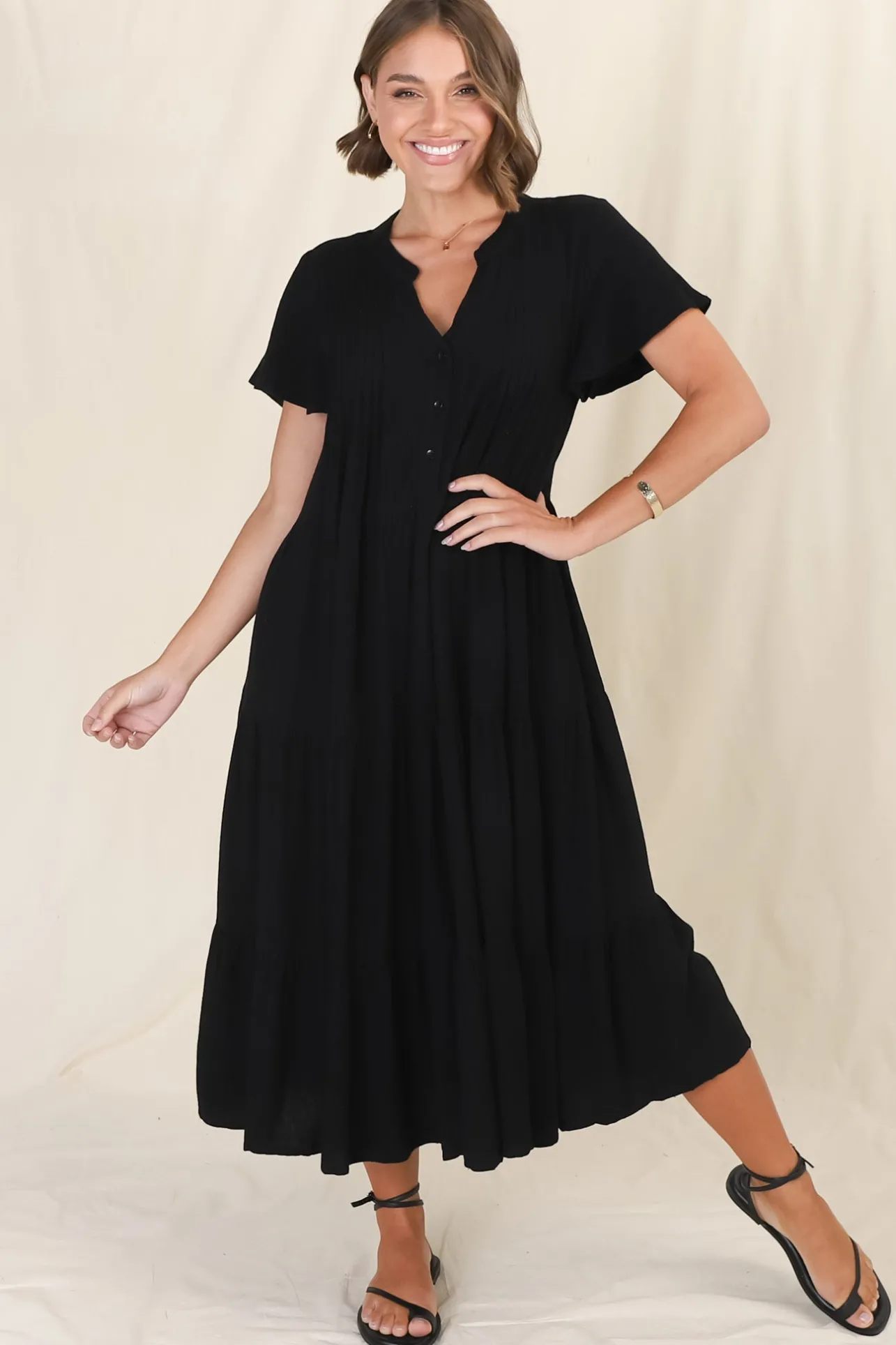 Peggy Midi Dress - Relaxed Mandarin Collar Pleated Bust Tiered Linen Dress in Black>Salty Crush Hot