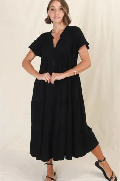 Peggy Midi Dress - Relaxed Mandarin Collar Pleated Bust Tiered Linen Dress in Black><noscript><img width=