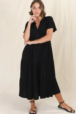Peggy Midi Dress - Relaxed Mandarin Collar Pleated Bust Tiered Linen Dress in Black><noscript><img width=