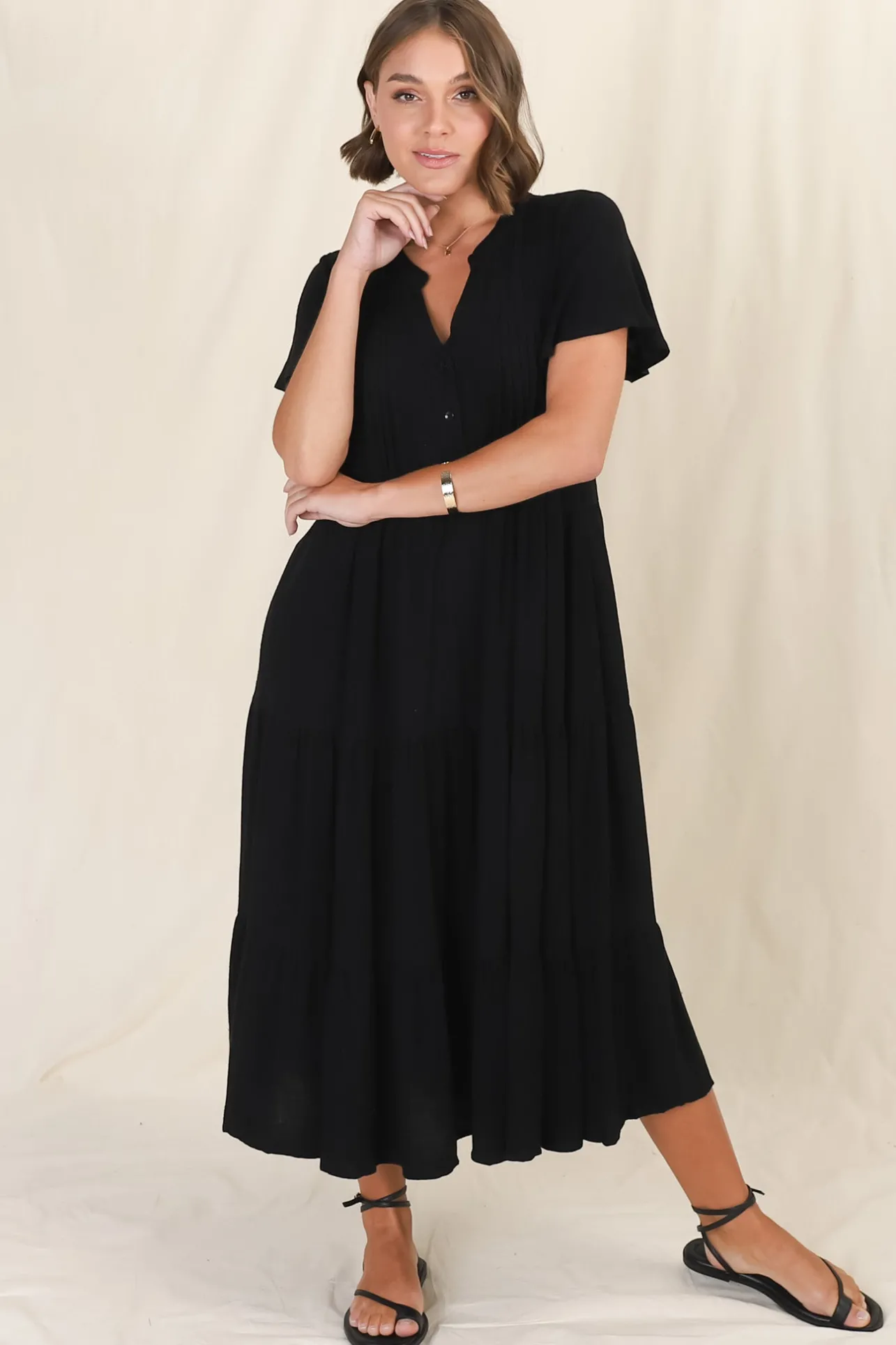 Peggy Midi Dress - Relaxed Mandarin Collar Pleated Bust Tiered Linen Dress in Black>Salty Crush Hot