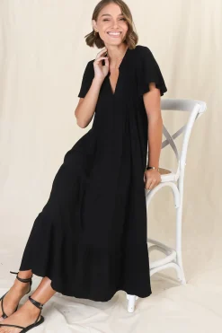 Peggy Midi Dress - Relaxed Mandarin Collar Pleated Bust Tiered Linen Dress in Black><noscript><img width=