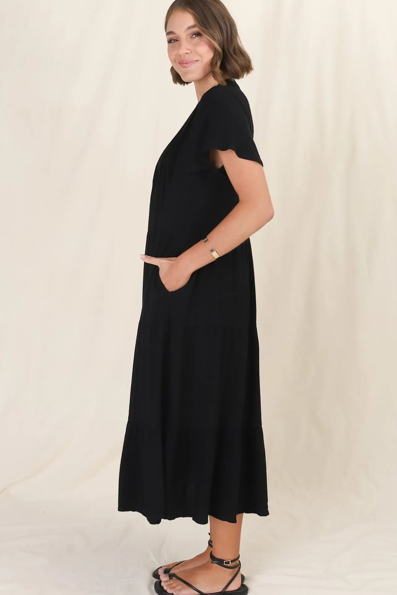 Peggy Midi Dress - Relaxed Mandarin Collar Pleated Bust Tiered Linen Dress in Black>Salty Crush Hot