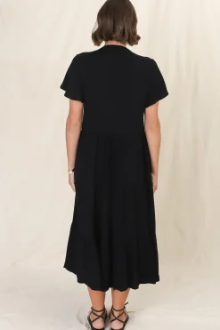 Peggy Midi Dress - Relaxed Mandarin Collar Pleated Bust Tiered Linen Dress in Black><noscript><img width=