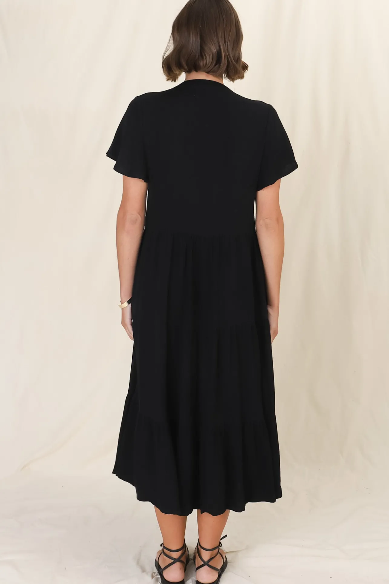 Peggy Midi Dress - Relaxed Mandarin Collar Pleated Bust Tiered Linen Dress in Black>Salty Crush Hot