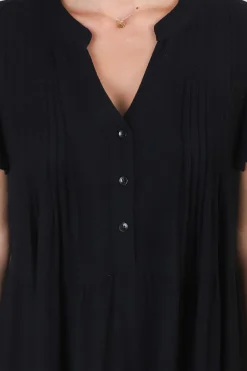 Peggy Midi Dress - Relaxed Mandarin Collar Pleated Bust Tiered Linen Dress in Black><noscript><img width=
