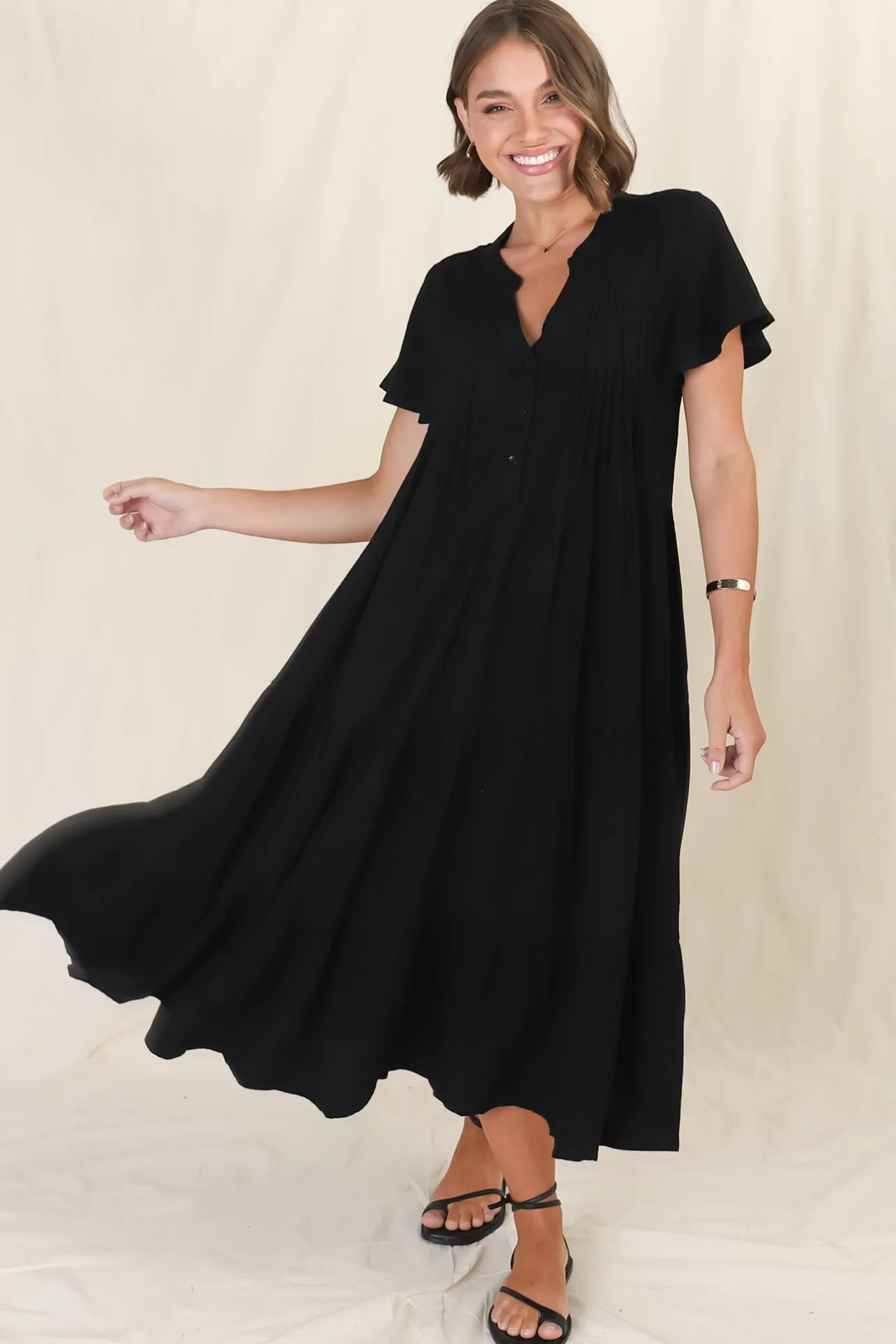 Peggy Midi Dress - Relaxed Mandarin Collar Pleated Bust Tiered Linen Dress in Black>Salty Crush Hot