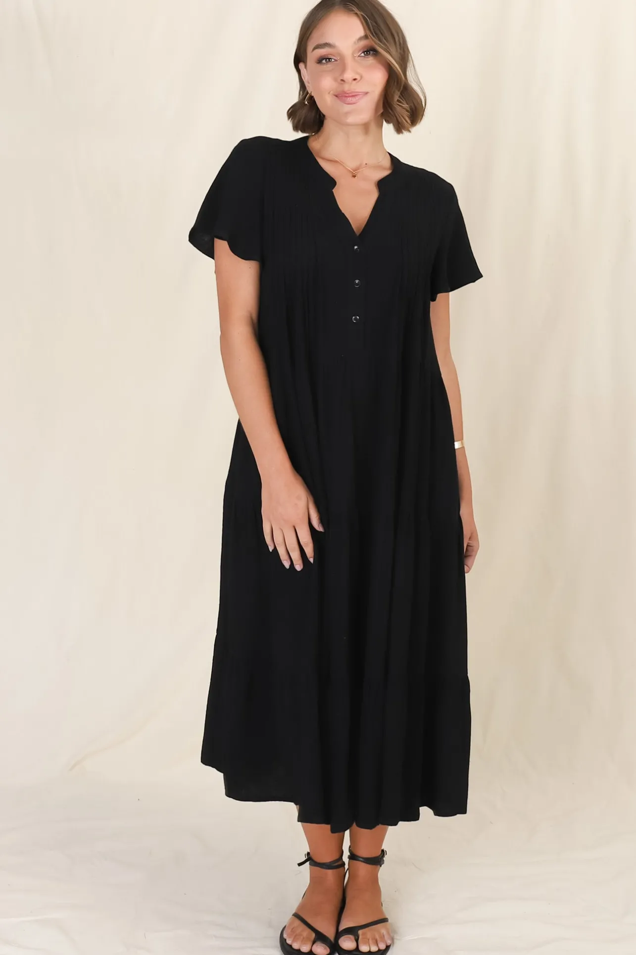 Peggy Midi Dress - Relaxed Mandarin Collar Pleated Bust Tiered Linen Dress in Black>Salty Crush Hot