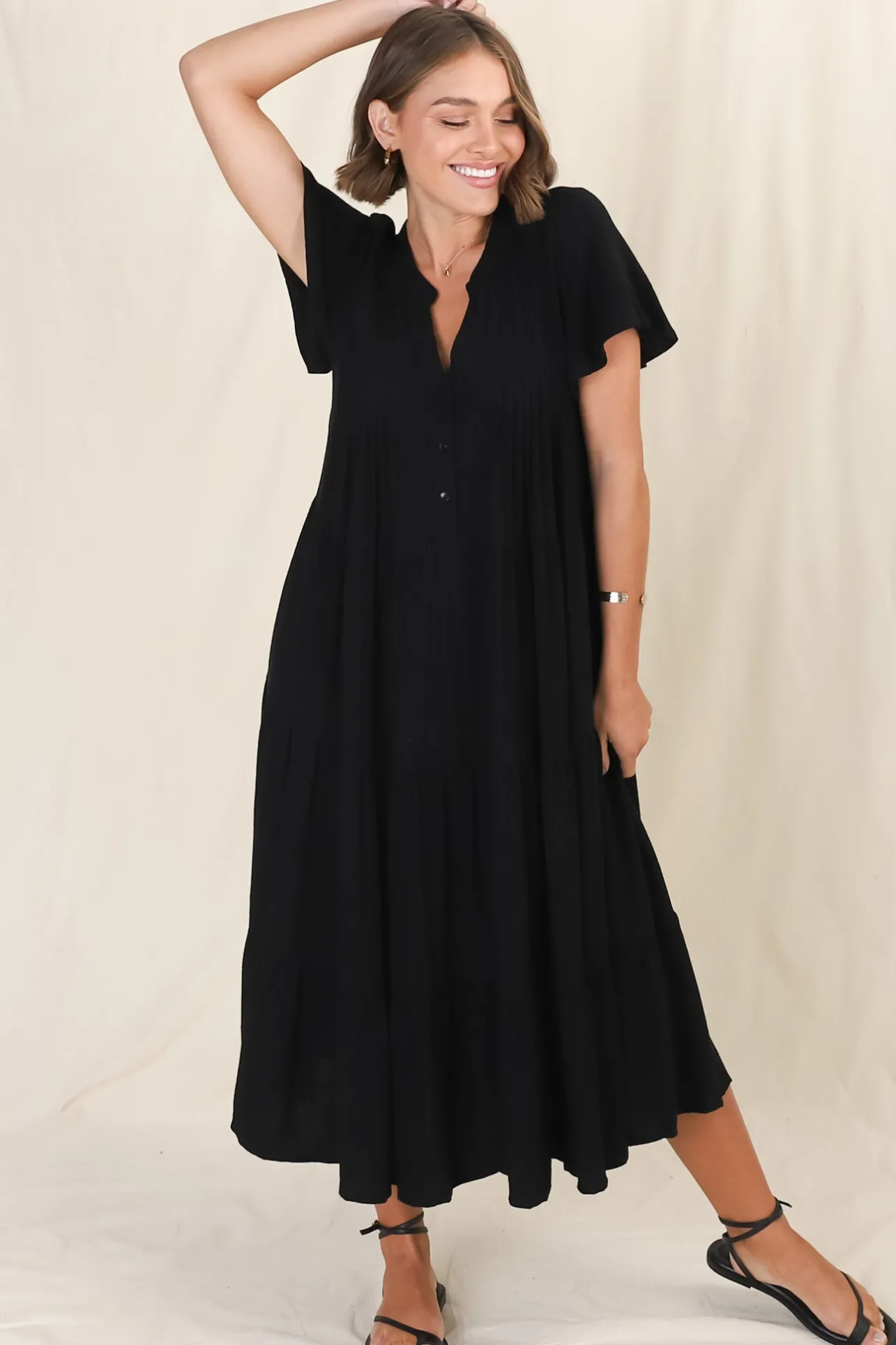Peggy Midi Dress - Relaxed Mandarin Collar Pleated Bust Tiered Linen Dress in Black>Salty Crush Hot