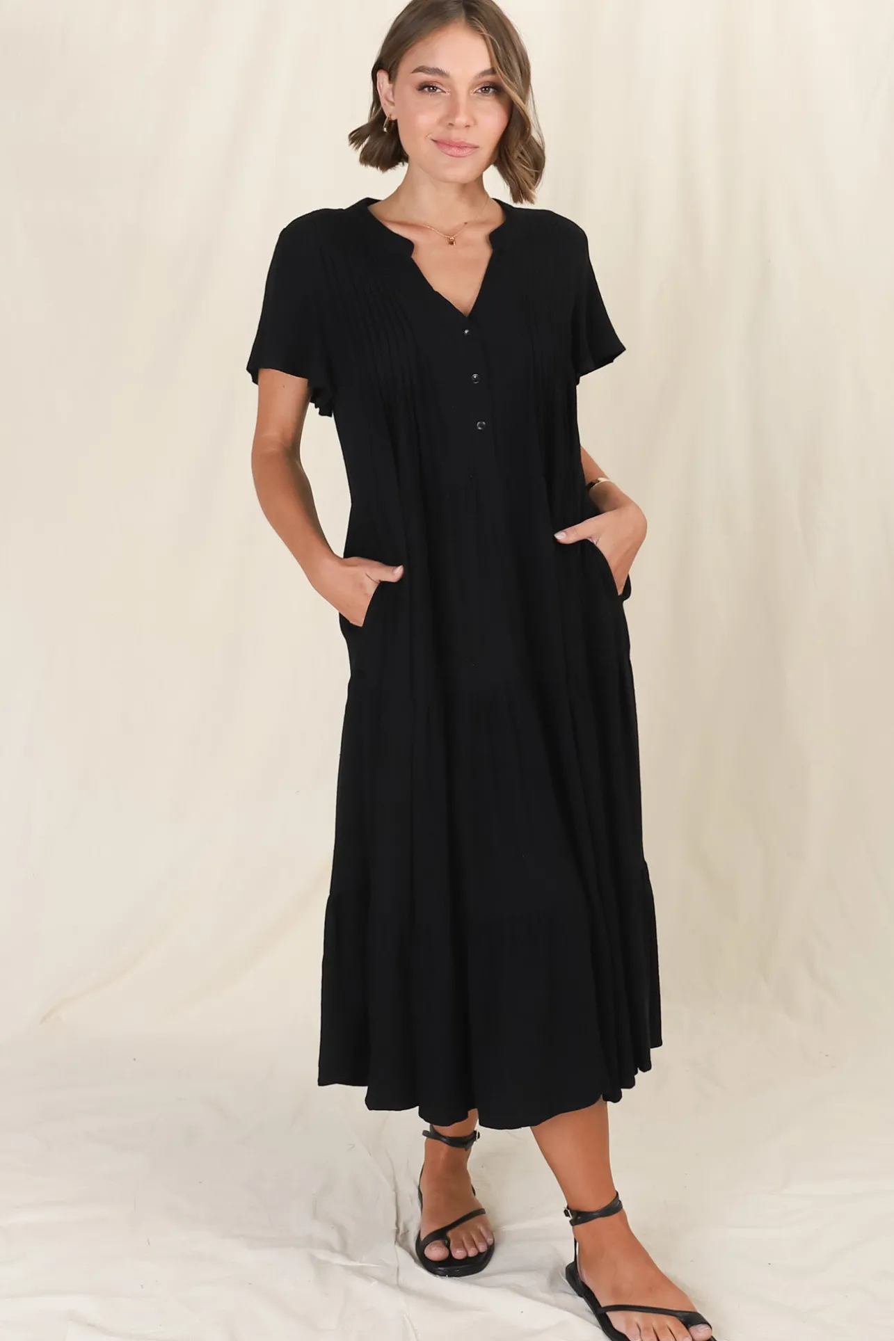 Peggy Midi Dress - Relaxed Mandarin Collar Pleated Bust Tiered Linen Dress in Black>Salty Crush Hot