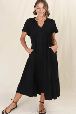 Peggy Midi Dress - Relaxed Mandarin Collar Pleated Bust Tiered Linen Dress in Black><noscript><img width=