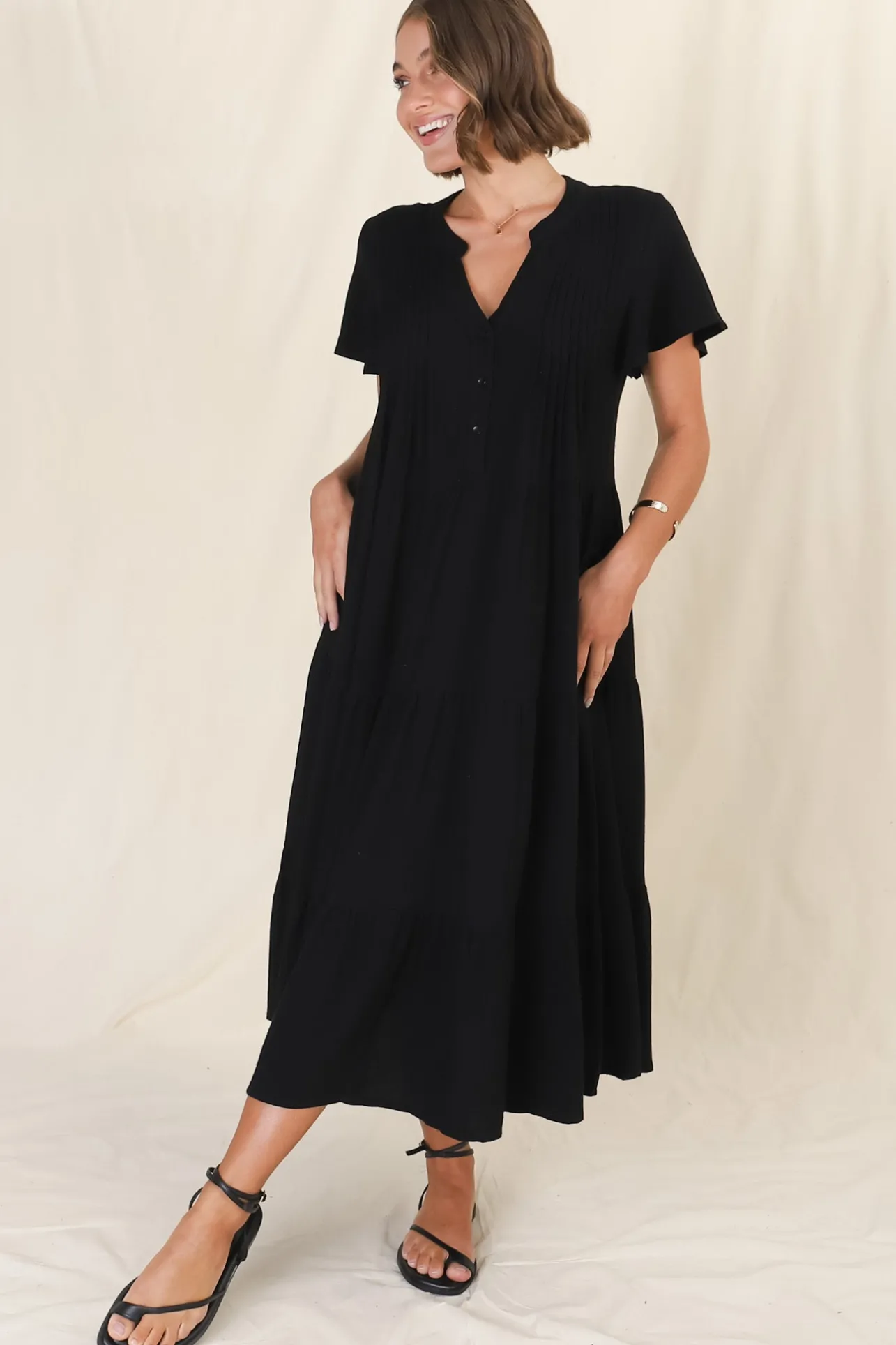 Peggy Midi Dress - Relaxed Mandarin Collar Pleated Bust Tiered Linen Dress in Black>Salty Crush Hot