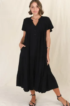 Peggy Midi Dress - Relaxed Mandarin Collar Pleated Bust Tiered Linen Dress in Black><noscript><img width=