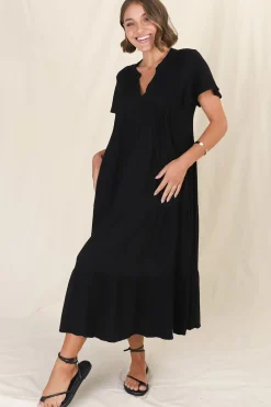 Peggy Midi Dress - Relaxed Mandarin Collar Pleated Bust Tiered Linen Dress in Black><noscript><img width=