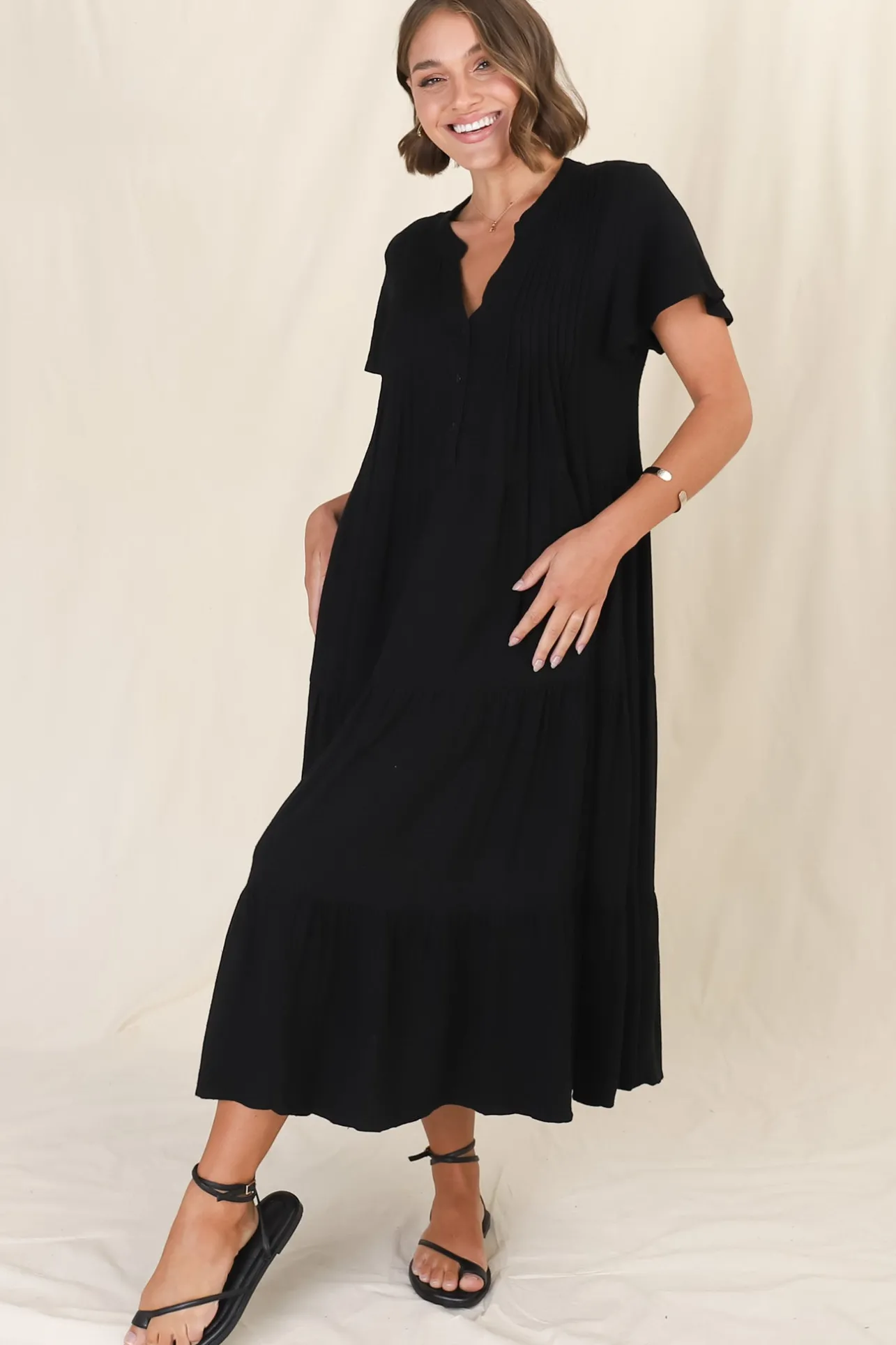 Peggy Midi Dress - Relaxed Mandarin Collar Pleated Bust Tiered Linen Dress in Black>Salty Crush Hot
