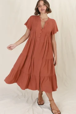 Peggy Midi Dress - Relaxed Mandarin Collar Pleated Bust Tiered Linen Dress in Rust>Salty Crush Best